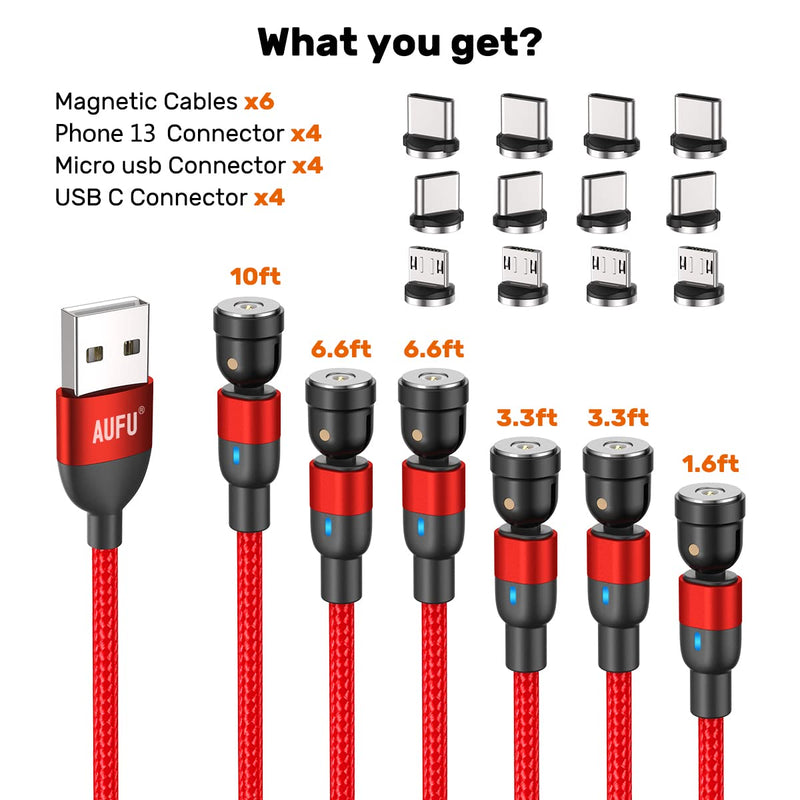 [Australia - AusPower] - AUFU Magnetic Phone Charger Cable [6Pack-10ft/6.6ft/6.6ft/3.3ft/3.3ft/1.6ft] Magnetic Charging Cable Nylon Braided Magnetic Charger for Type C USB C Android Micro USB 