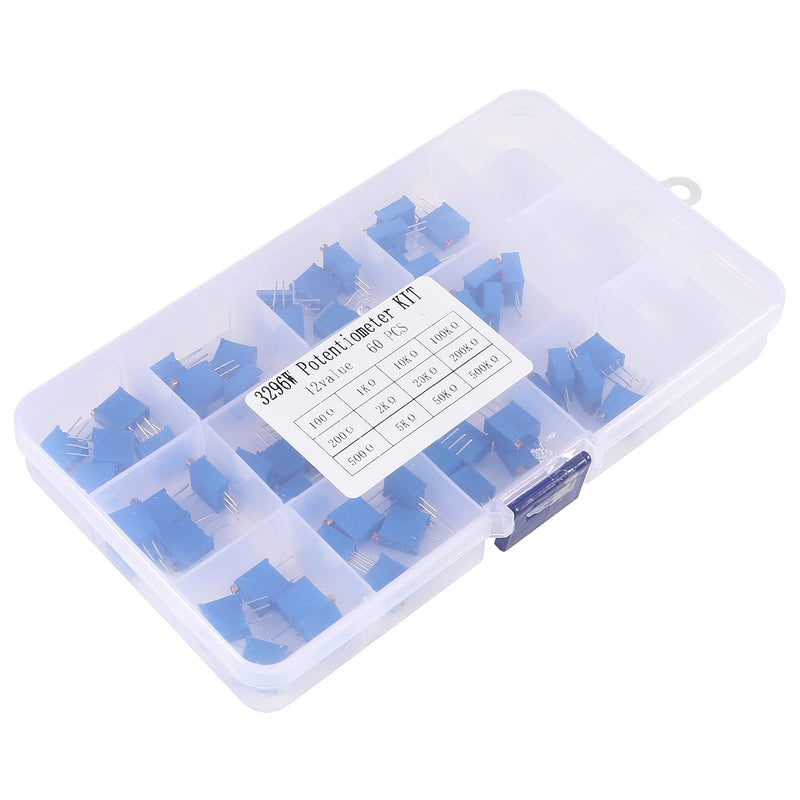 [Australia - AusPower] - ACEIRMC 60pcs 100 to 500K ohm 12 Values 3296W Multiturn Trimmer Potentiometer Assortment Kit 