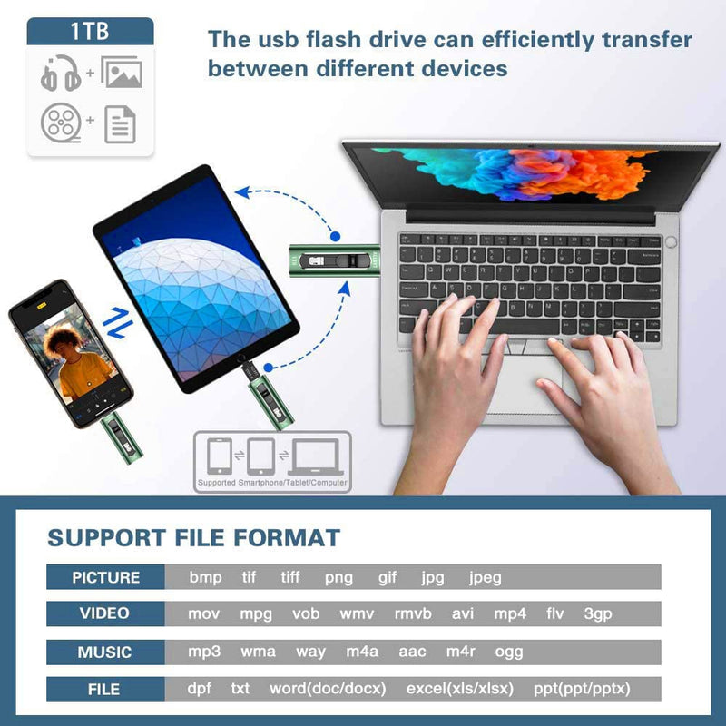 [Australia - AusPower] - ALLBYT iPhone Flash Drive 1TB iPhone Memory Stick, USB 3.0 iPhoto Stick Thumb Drive External Storage iPhone Flash Drive Compatible with iPhone and iPad,Android and Computers -Green NEW-1TB-GREEN 