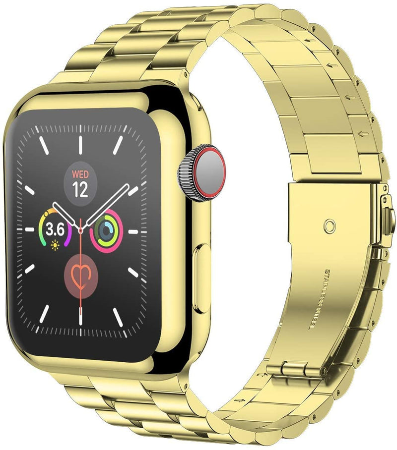 [Australia - AusPower] - iiteeology Compatible with Apple Watch Band 45mm Series 7, Upgraded Stainless Steel Link Replacement Band with iWatch Screen Protector Case Gold/Gold 
