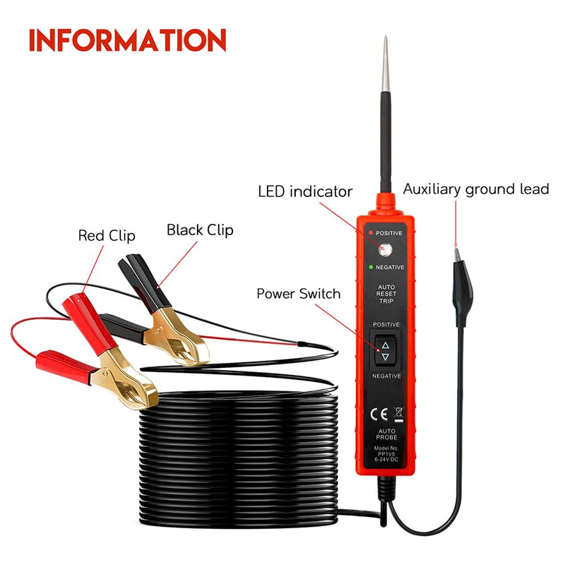 [Australia - AusPower] - BOHISEN Automotive Power Circuit Tester with 16Ft Test Lead 6-24V DC LED Light Tester Fuse Tester Electric Light Test Pen Light Electrical Diagnostic Tool Short Circuit Finder (Red) Red 