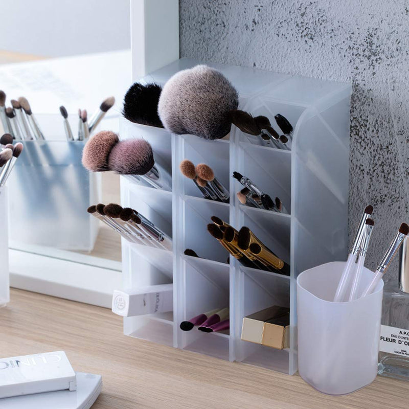 [Australia - AusPower] - 5 Pcs Desk Organizer- Pen Organizer Storage for Office, School, Home Supplies, Translucent White Pen Storage Holder, Set of 3, 2 Cups 14 Compartments (White) 