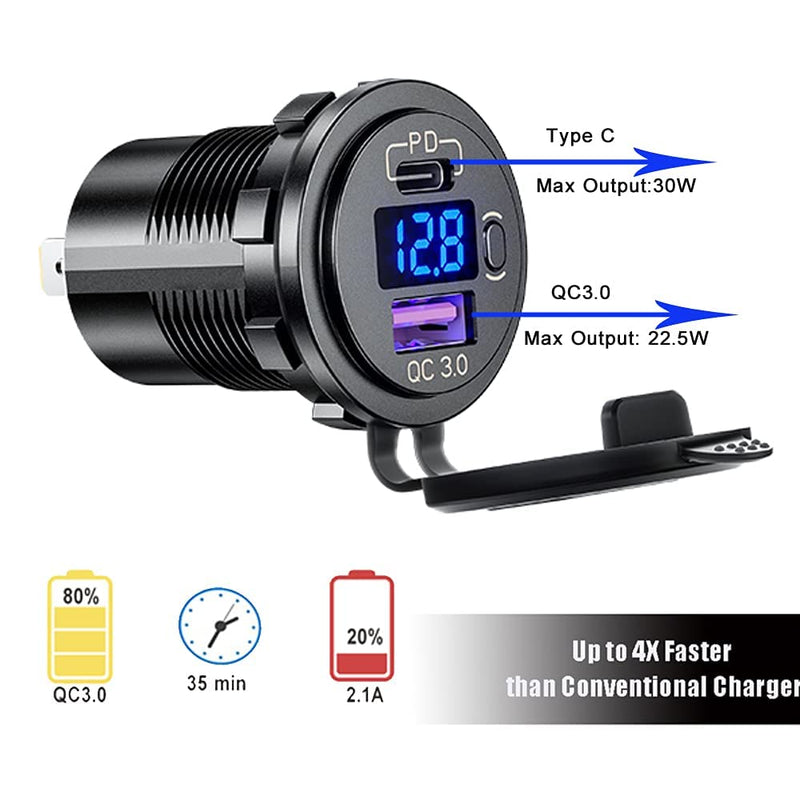 [Australia - AusPower] - PD Type C USB Car Charger Socket and QC 3.0 Quick Charger Car Power Outlet Socket with ON/Off Switch and LED Voltmeter Waterproof 12V/24V for Motorcycle Marine RV ATV 