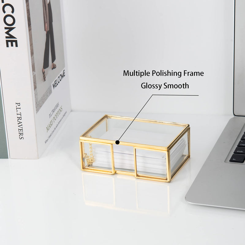 [Australia - AusPower] - Feyarl Clear Gold Glass Business Card Box with Lid Name Card Display Business Card Organizer Container Collection Cards Box Storage for Office Desktop CounterTop Meeting 