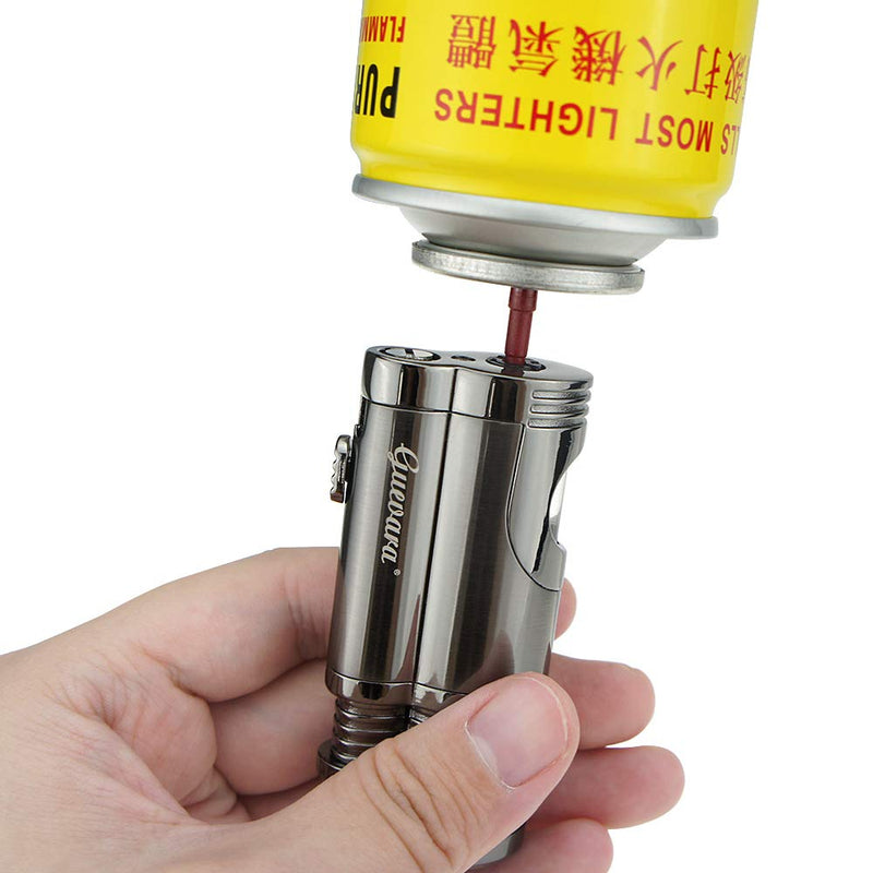 [Australia - AusPower] - Cigar Torch Butane Lighters Fuel Refillable Lighter with Punch Cutter and Set Double Jet Strong Flame Windproof Gray 