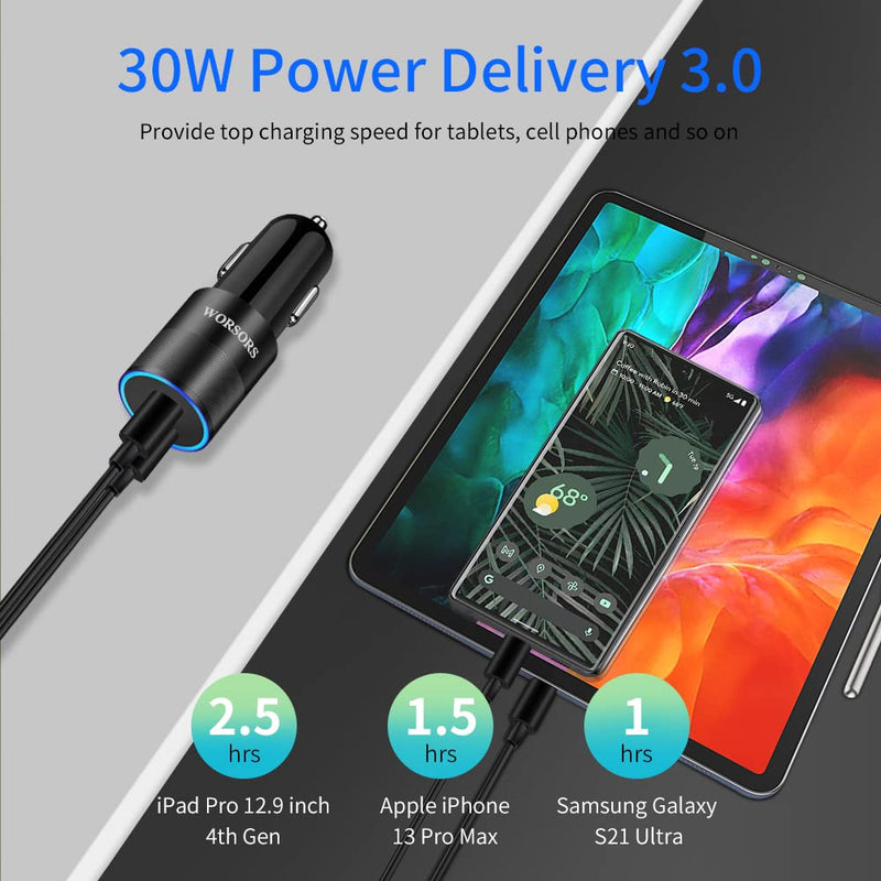 [Australia - AusPower] - Dual 30W PD3.0 Car Charger, WORSORS USB C Super Fast Charging Adapter Compatible for Samsung Galaxy S22 5G/S22 Ultra/Plus/S21 FE, Note 20/10, Google Pixel 6 Pro/6, iPad Pro+ 2 Pack 3.3Ft Type C Cable 