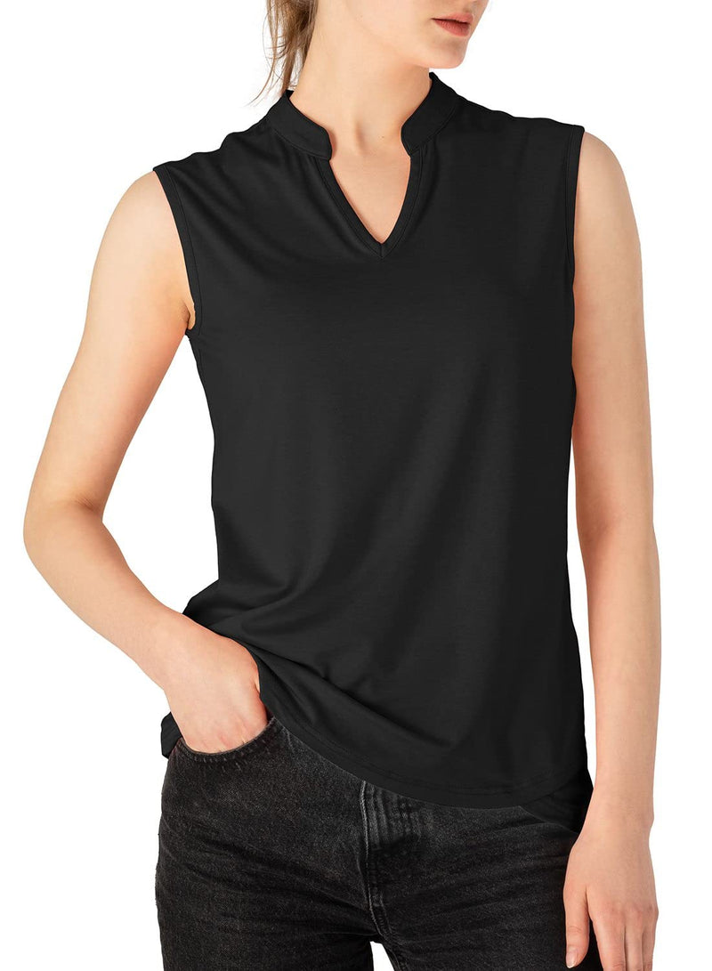 [Australia - AusPower] - Rdruko Women's Golf Shirts Sleeveless Quick Dry V-Neck Running Activewear Polo Shirts Black X-Small 