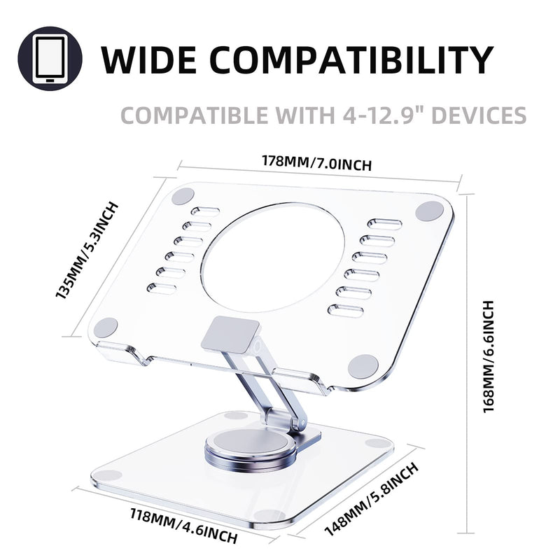 [Australia - AusPower] - DOLOVIN 360° Rotating Acrylic Tablet Stand, Adjustable Desk Stand Foldable Clear Holder Stands Compatible for iPad Pro, Air, Mini, Kindle, Surface Pro, Galaxy Tab, Phone, 4-13",Clear Acrylic Stand for Pad 