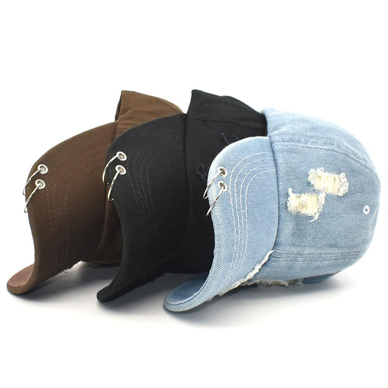 [Australia - AusPower] - Belsen Distressed Washed Denim Ring Baseball Cap Hip Hop Vintage Dad Hat Adjustable Black 