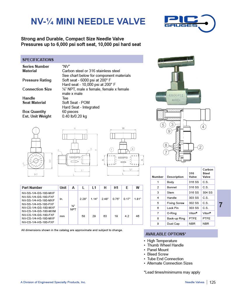 [Australia - AusPower] - PIC Gauge NV-SS-1/4-GS-180-MXF 316 Stainless Steel Straight Needle Valve with Gas Service Seat, 1/4" Male NPT x 1/4" Female NPT Connection Size, 6000 psi Pressure 0.25 Inch M x F 