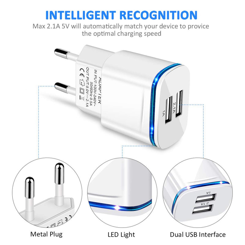 [Australia - AusPower] - LUOATIP European Plug Adapter, 2-Pack Travel Charger 2.1A/5V Dual Port USB Wall Charging Block Power Cube Adaptor Brick Box for iPhone, Android for US to Most of Europe EU Spain Italy France Germany 