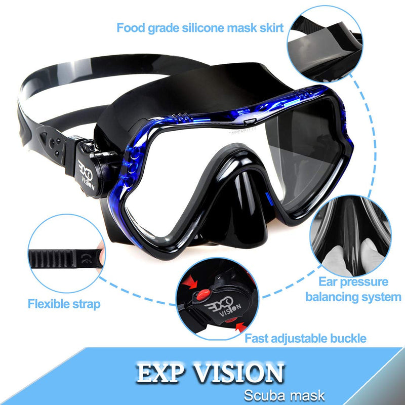 [Australia - AusPower] - EXP VISION Snorkel Diving Mask, Professional Snorkeling Mask Gear, Ultra Clear Lens with Wide View Tempered Glass Goggles,Anti Leakage Scuba Mask, Silicone Swimming Goggles Mask for Adults, 3 Color a-blue 