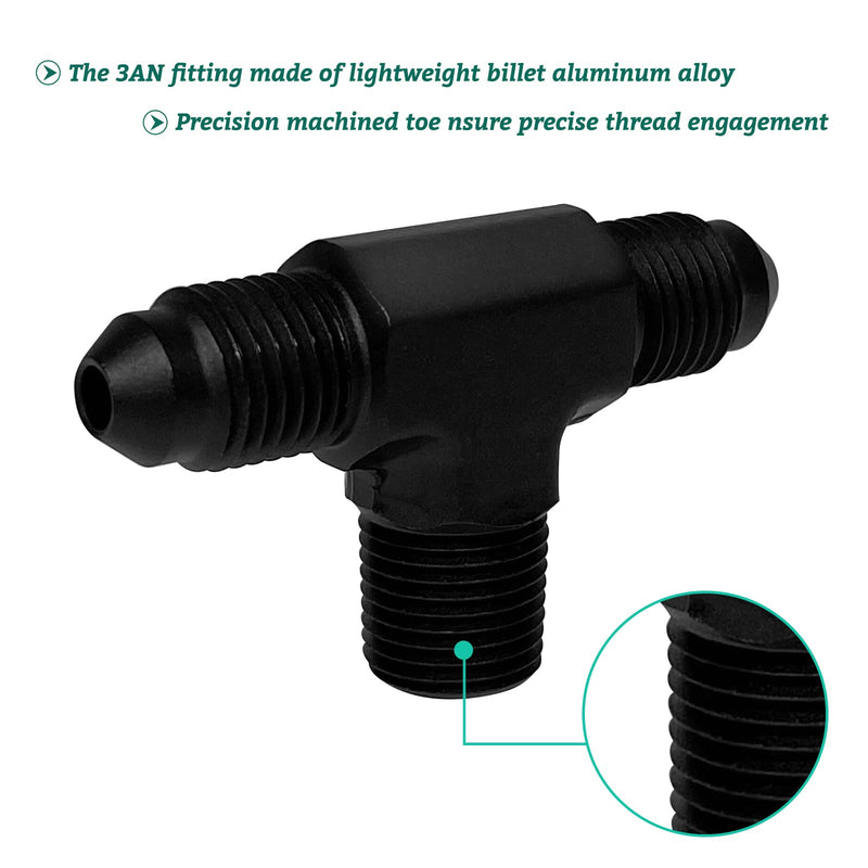 [Australia - AusPower] - 3AN Male Flare Tee Fitting Adapter with 1/8 NPT Male on Branch Side , Male Union T Pipe Fitting, Aluminum Black 
