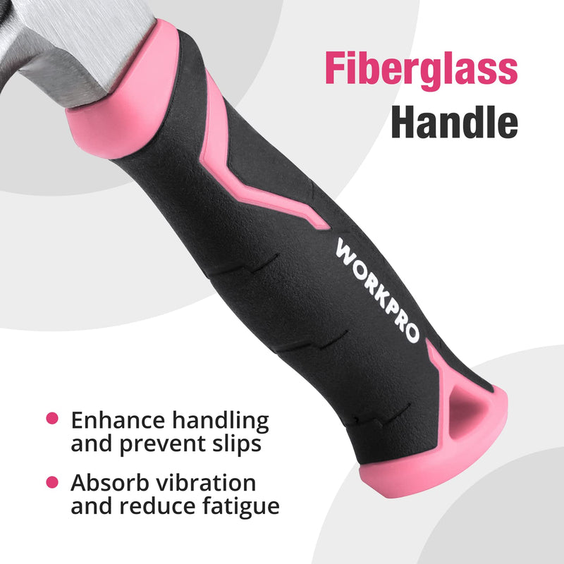 [Australia - AusPower] - WORKPRO 8 oz Claw Hammer with Fiberglass Handle, All Purpose Hammer with Forged Hardened Steel Head, Smooth Face & Shock Reduction Grip, Pink 8oz Pink 