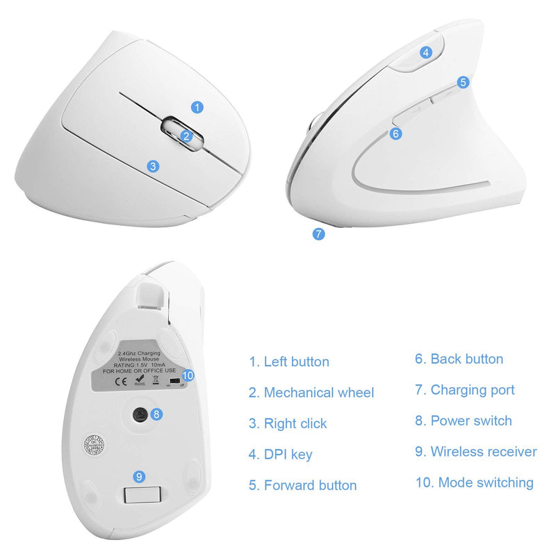[Australia - AusPower] - Ergonomic Vertical Mouse, 2.4G Wireless Optical Game Mouse, RGB Backlight, Adjustable 4-Level 2400DPI, 6 Button for PC/ Laptop Desktop(White) 