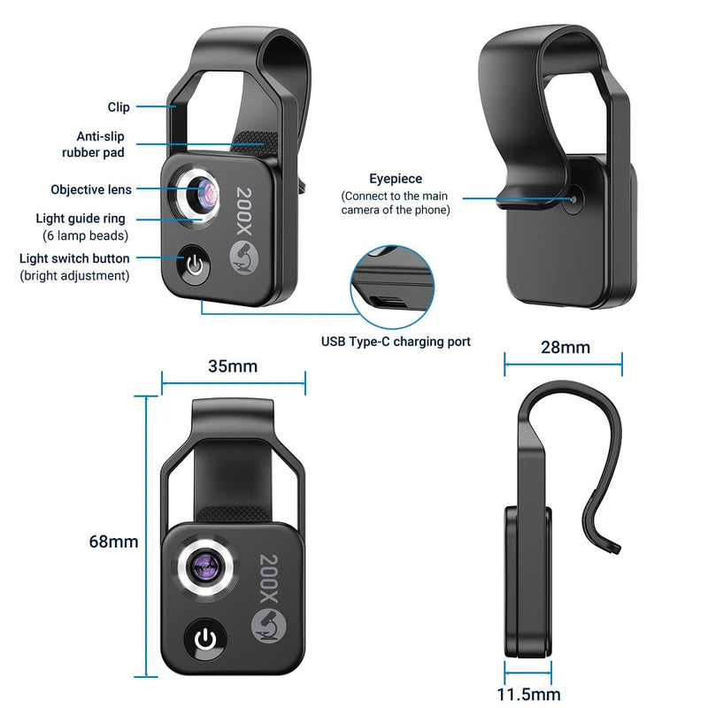 [Australia - AusPower] - 200X Phone Mini Pocket Microscope with LED Light/Universal Clip, Portable Digital Microscope Camera Attachments for 99% Smartphone, Microworld for Kids Adults (200X with CPL, Black) 200X with CPL 