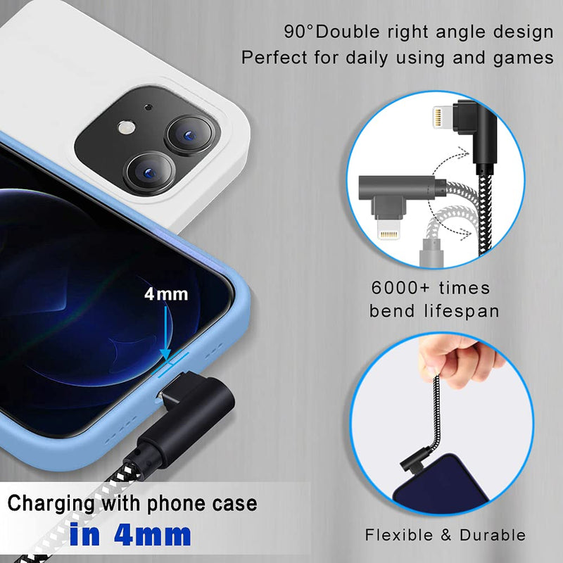 [Australia - AusPower] - iPhone Charger [MFi Certified] 3 Pack (3/6/10FT) Nylon Braided Lightning Cable Right Angle Fast Charging Cords Compatible with iPhone 13/12/11/ Xs/XS Max/XR/X/8/8 Plus/7/7 Plus iPad iPod AirPods BlackWhite 