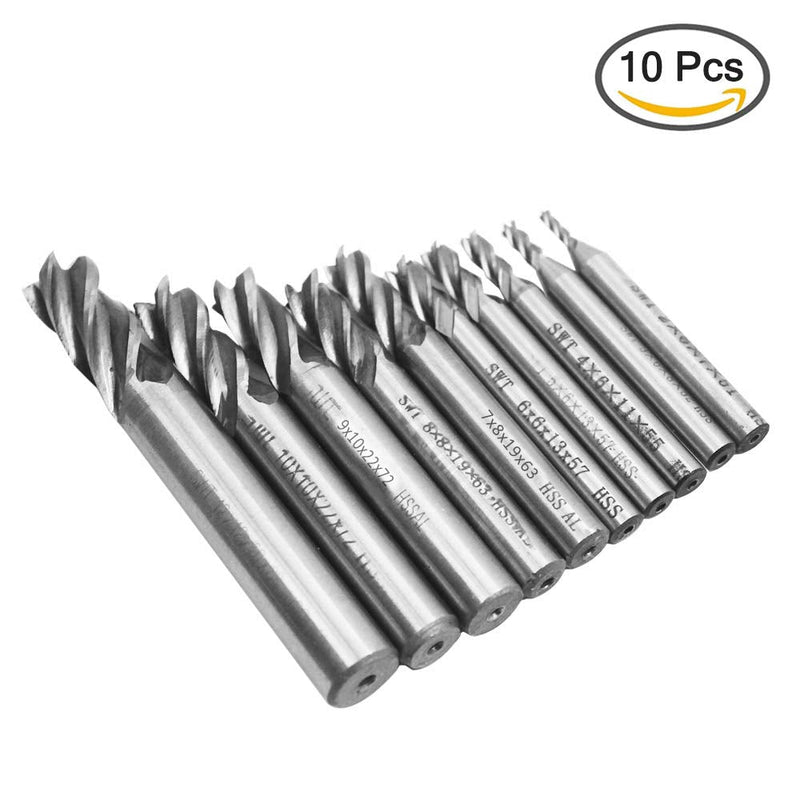 [Australia - AusPower] - 10 pcs 4-Flute End Mill Bits, AFUNTA 0.08" - 0.47" HSS CNC Straight Shank Drill Bits Cutter Tool Set for Wood Aluminum Steel Titanium 