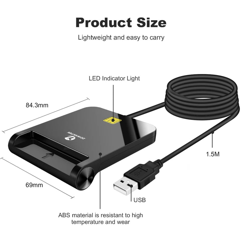 [Australia - AusPower] - ZOWEETEK CAC Reader Military, CAC Card Reader Military, Smart Card Reader Military, Compatible with Windows, Mac OS and Linux USB A 