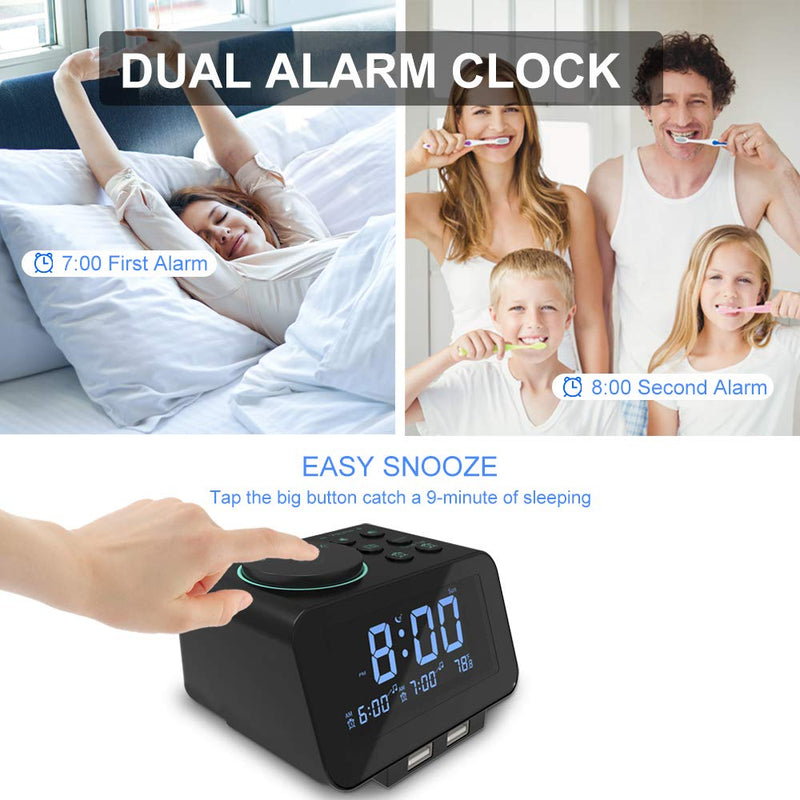 [Australia - AusPower] - USCCE Digital Alarm Clock Radio - 0-100% Dimmer, Dual Alarm with Weekday/Weekend Mode, 6 Sounds Adjustable Volume, FM Radio w/ Sleep Timer, Snooze, 2 USB Charging Ports, Thermometer, Battery Backup Black 