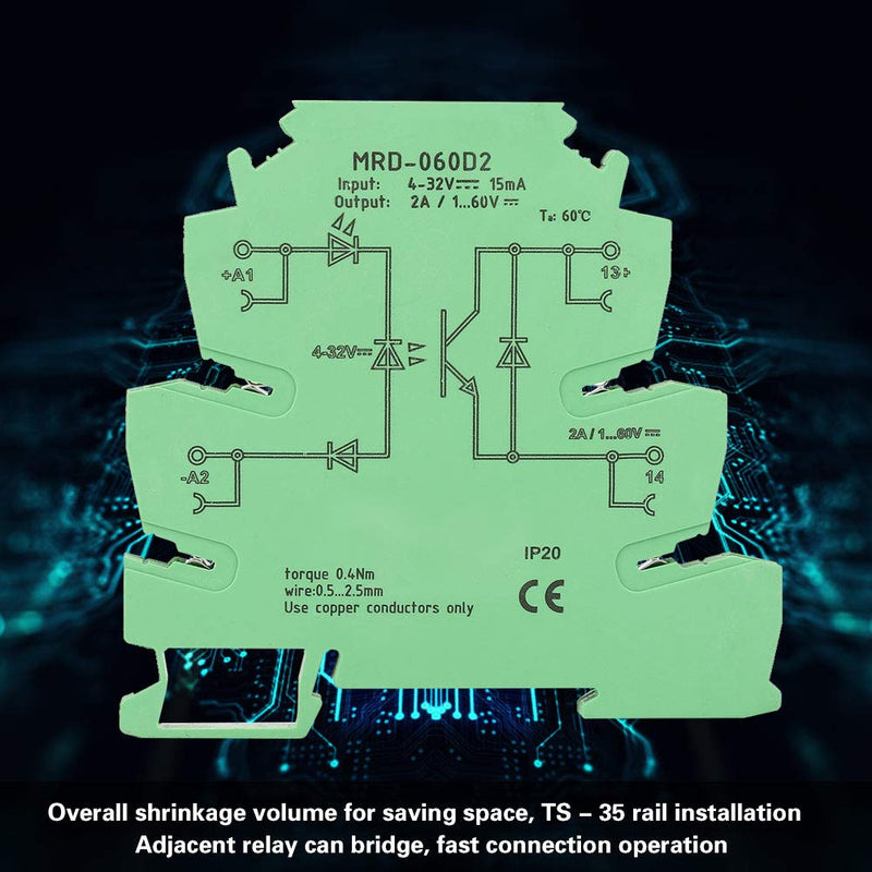 [Australia - AusPower] - DIN Rail Relay Module, MRD-060D2 Ultra-Thin DIN Rail Mount Relay 6.2mm Solid State Relay Module Input 4-32VDC NO with LED Input State Indicator 