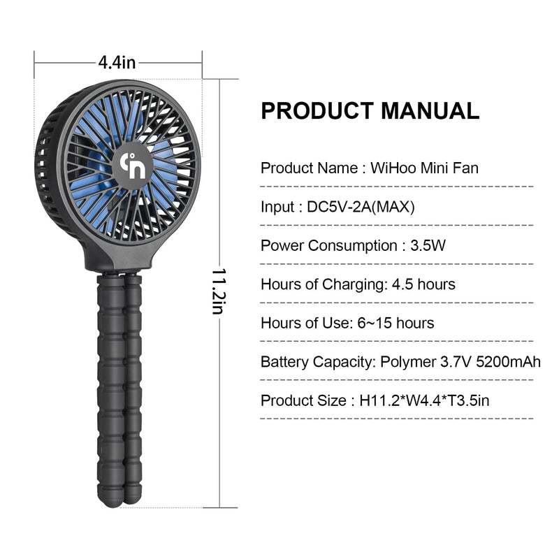 [Australia - AusPower] - WiHoo Mini Handheld Stroller Fan,Personal Portable Fan Car Seat Baby Fan with Flexible Tripod Fix on Stroller,USB or Battery Operated Desk Fan Adjustable 3 Speeds for Camping Black 