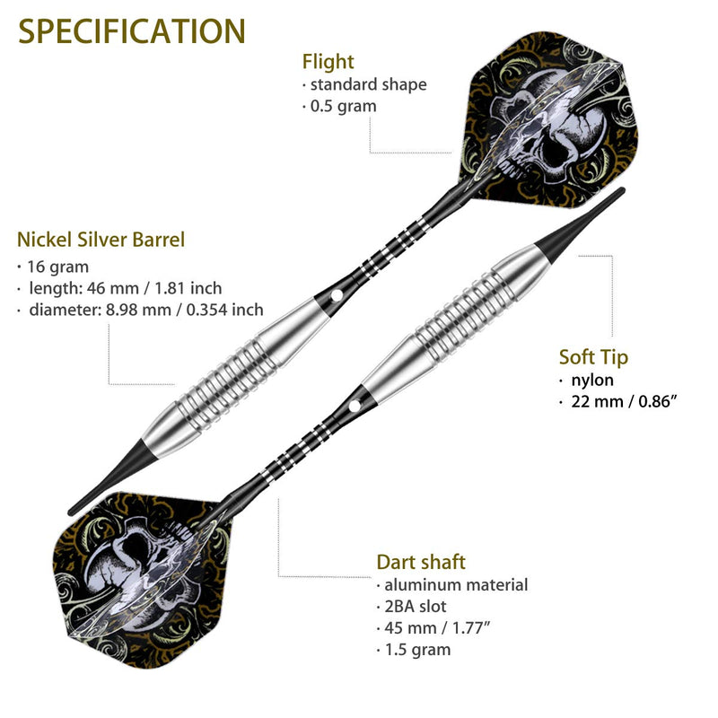 [Australia - AusPower] - sanfeng Darts Plastic Tip Set - 18g Soft Tip Darts - Nickel Plated Silver Dart Barrel 16 Grams + 50 Anti-Loose O-Rings + 6 Shaft (Aluminum/Nylon 45mm) + 6 Flights + Extra 50 Soft Tips Electronic Dart 