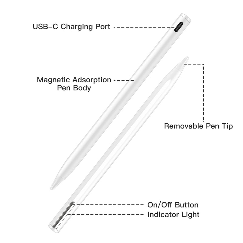 [Australia - AusPower] - Stylus Pen Compatible for iPad (2018 and Later) ,Palm Rejection, Compatible with iPad Pro 11&12.9 Inch,iPad Air (3rd/4th/5th),iPad Mini(5/6th),iPad(6/7/8/9th),Tilting Detection (White) White 
