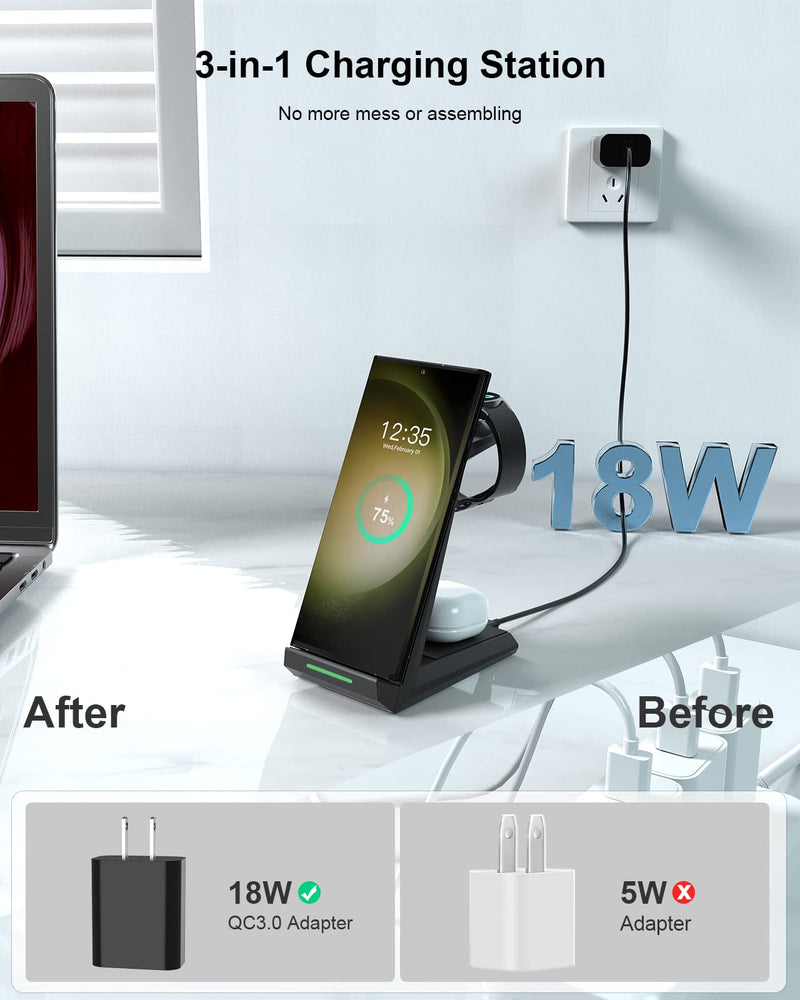 [Australia - AusPower] - Wireless Charger for Samsung - NANAMI 3 in 1 Charging Station for Multiple Devices, Fast Charger Stand Dock for Galaxy S23 Ultra S22 S21 S20 Z Flip Fold 4, Galaxy Watch 5/5 Pro/4/3, Galaxy Buds 2 Pro Black 