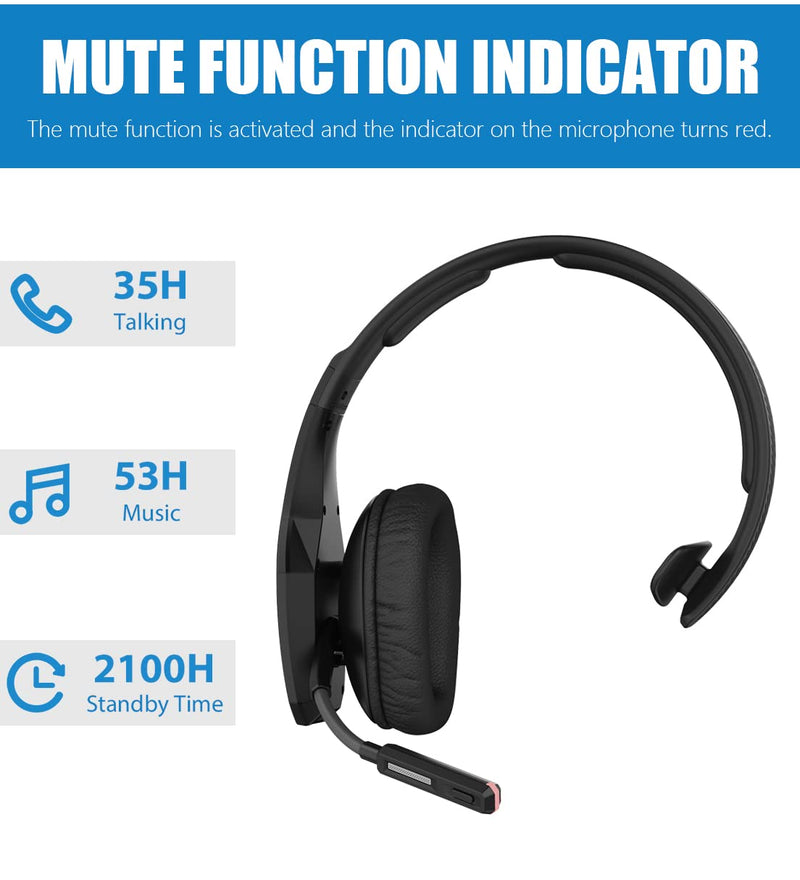 [Australia - AusPower] - Trucker Bluetooth Headset V5.1, CVC8.0 Three Microphone Noise Cancelling & 35Hrs HD Talktime Hands-Free Wireless Headset, On Ear Bluetooth Headphones with Mute Button for Driver Cell Phones Business 