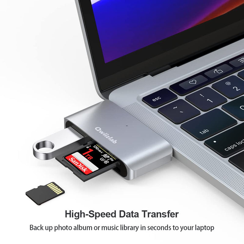 [Australia - AusPower] - Qwiizlab 4-in-1 USB-C 3.0 Hub, SD/Micro Memory Card Readers, USB-A 5Gbps, USB-C 2.0, for MacBook Air Pro iMac HP XPS Lenovo Windows Laptop PC(Silver) Silver 