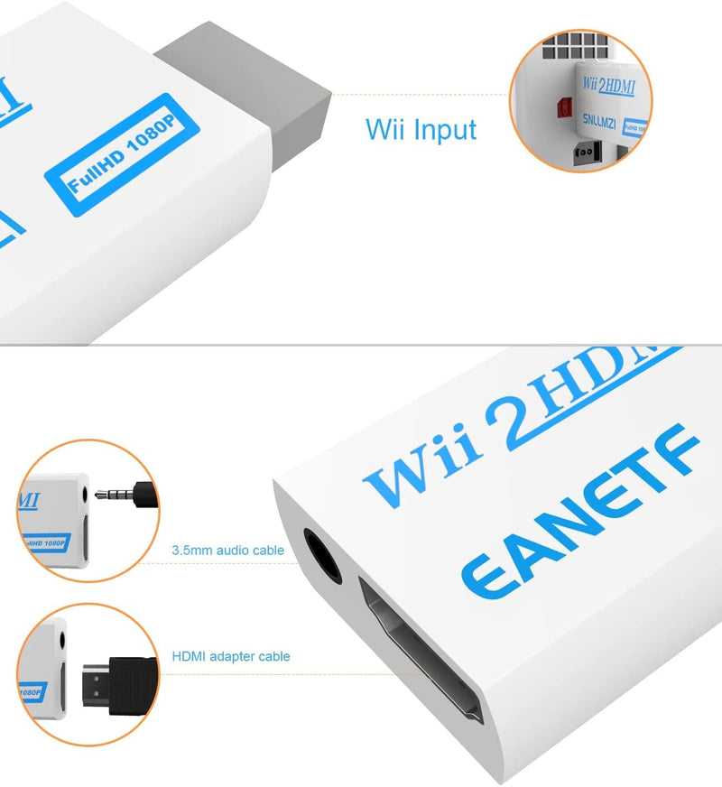 [Australia - AusPower] - Eanetf Wii to HDMI Converter, Wii to HDMI 1080P with 5ft High Speed HDMI Cable Wii2 HDMI Adapter Output Video&Audio with 3.5mm Jack Audio, Support All Wii Display 720P, NTS 