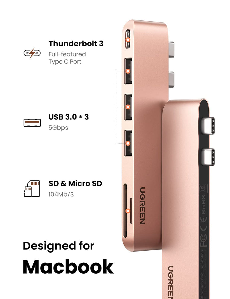 [Australia - AusPower] - UGREEN USB C Hub for MacBook Aluminum Type C Adapter with 3 USB 3.0 100W USB C Power Delivery Micro SD SD Card Reader Compatible for MacBook Pro Air M1 2020 2019 2018 2017, Gold 