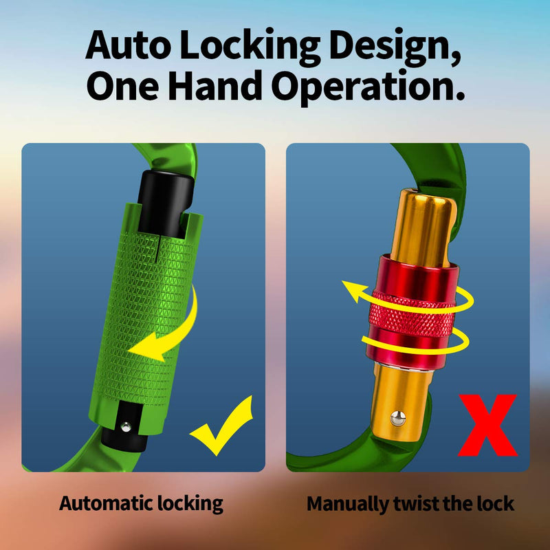 [Australia - AusPower] - FVW Auto Locking Rock Climbing Carabiner Clips,Professional 25KN (5620 lbs) Heavy Duty Caribeaners for Rappelling Swing Rescue & Gym etc, Large Carabiners, D-Shaped (Green),2Pak 