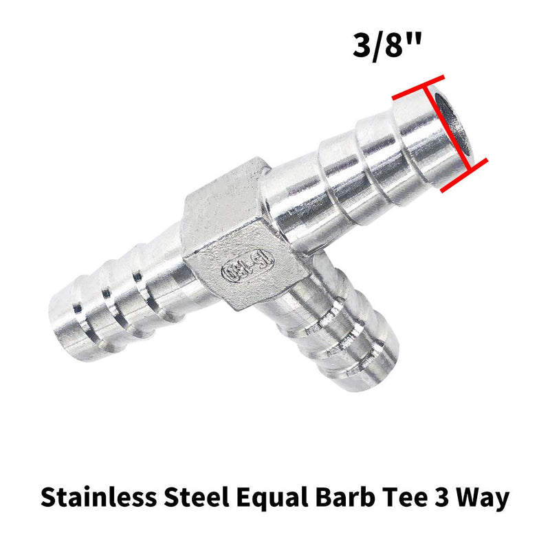 [Australia - AusPower] - ANPTGHT 3/8" Tee Hose Barb Fitting Stainless Steel Equal Barb 3 Way T shaped Splitter Joint Connector Adapter Union Fitting for Fuel Gas Liquid Air 3/8 Inch 1 