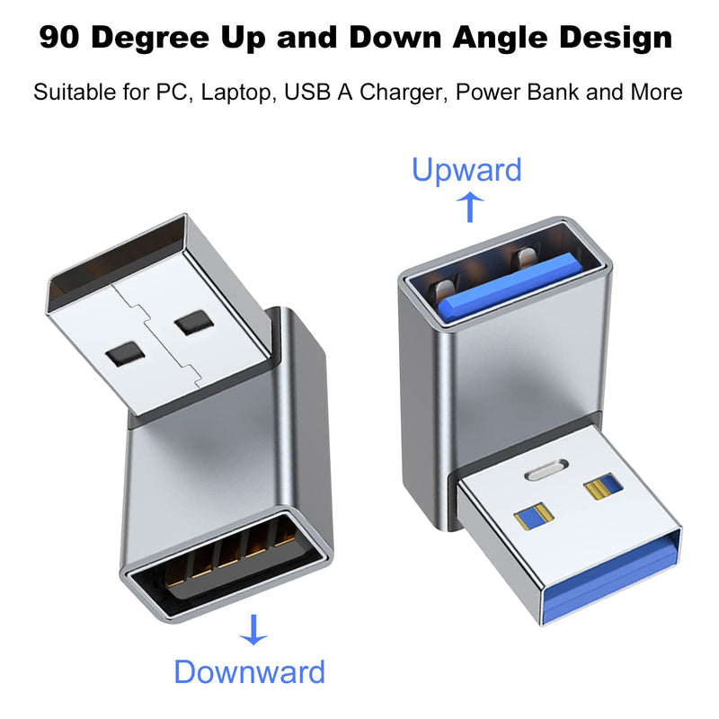 [Australia - AusPower] - AreMe 90 Degree USB 3.0 Adapter 2 Pack, Up and Down Angle USB A Male to Female Converter Extender for PC, Laptop, USB A Charger, Power Bank and More (Grey) Up/Down Grey 