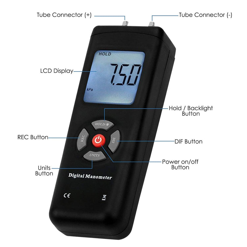 [Australia - AusPower] - Digital Handheld Manometer HVAC Air Vacuum/ Gas Differential Pressure Gauge Meter Tester 11 Units with Backlight, ±13.78kPa ±2PSI, 1-2 Pipes Ventilation Air Condition System Measurement 