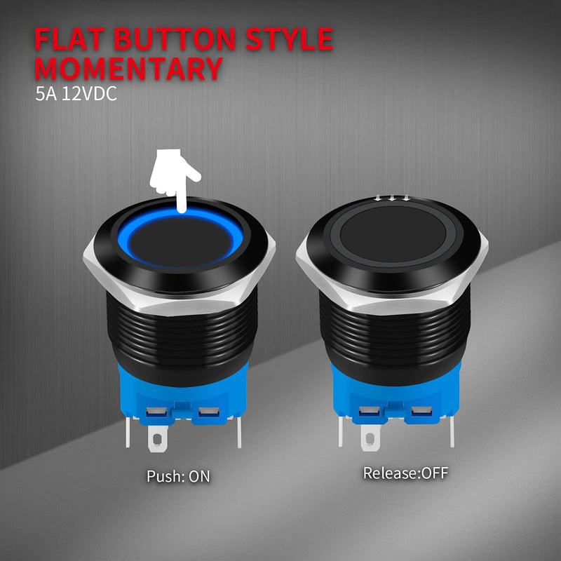[Australia - AusPower] - DaierTek Momentary Push Button Switch 12V Waterproof LED Horn Button Switch 12 Volt Stainless Steel 22mm for Automotive Car Marine Boat Train -2pcs Black 22mm Blue Ring Illuminated 