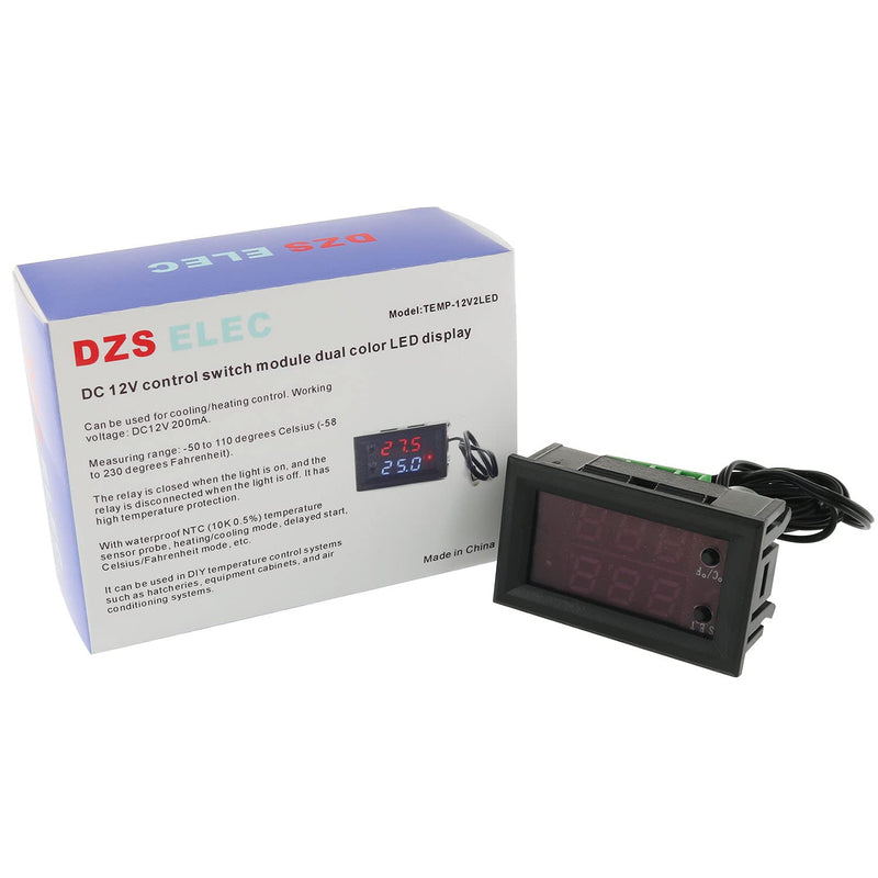 [Australia - AusPower] - DZS Elec Temperature Controller -50 to 110 Celsius (-58 to 230 F) DC 12V Programmable Heating/Cooling Thermostat Control Switch Module NTC Waterproof Sensor Probe Dual Color LED Display Monitor 