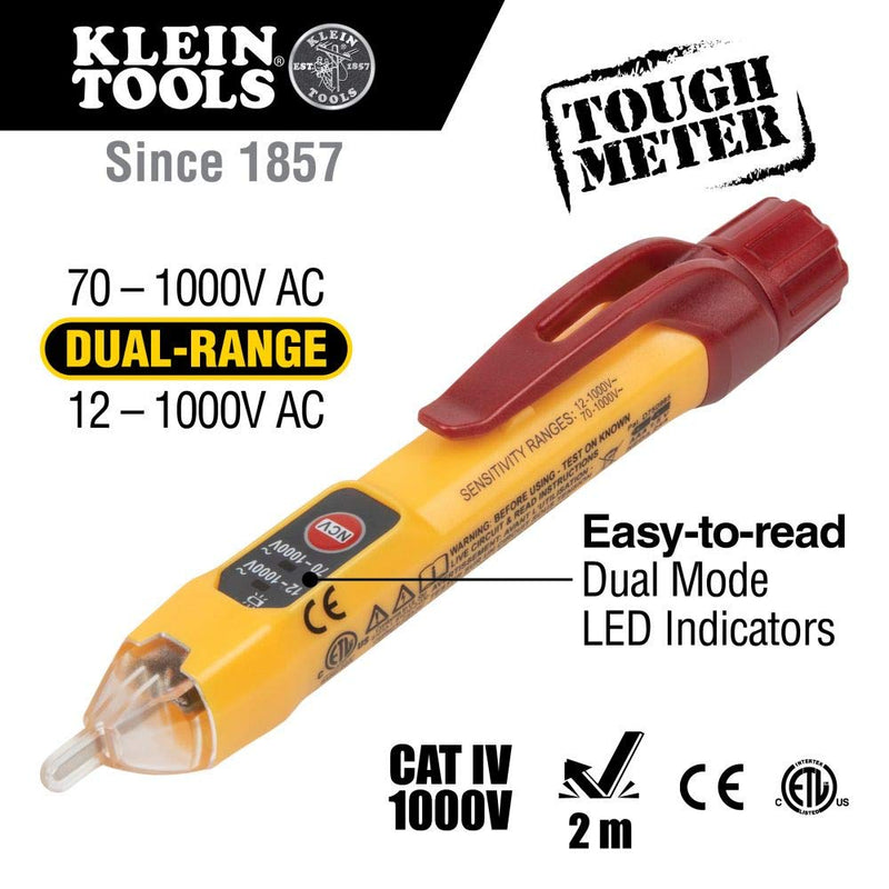 [Australia - AusPower] - Klein Tools NCVT2P Dual Range Non Contact Voltage Tester, 12 - 1000V AC Pen, Flashing LED and Audible Warning Alarms, Pocket Clip Volt Tester 