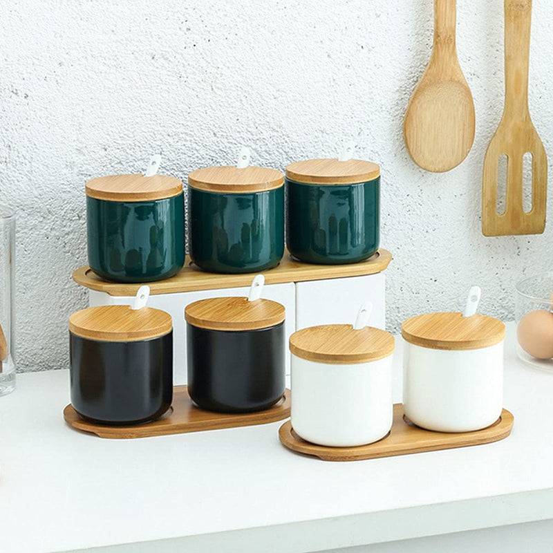 [Australia - AusPower] - RockTrend Simple Pure Color Ceramic Spice Jar Seasoning Box Condiment Pot Sugar Bowl with Bamboo Lid and Spoon Black 