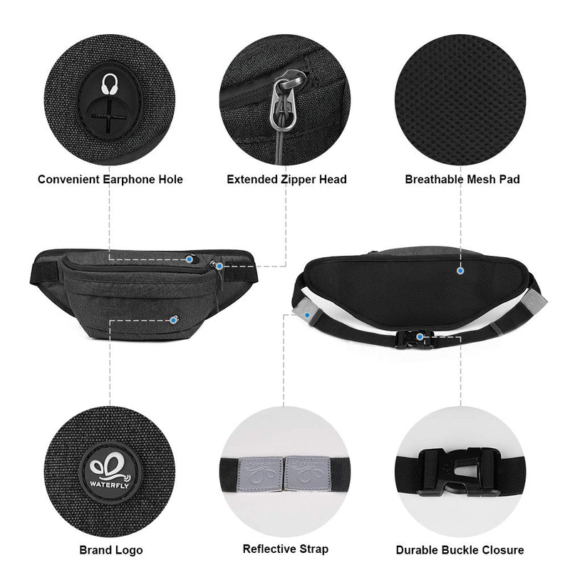 [Australia - AusPower] - WATERFLY Fanny Pack for Men Women Water Resistant Large Hiking Waist Bag Pack Carrying All Phones for Running Walking Traveling Black 
