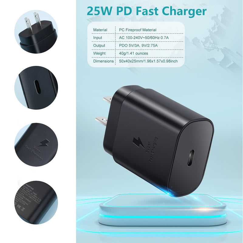 [Australia - AusPower] - USB C Charger, 25W Super Fast Charger and Type-C Charger Cable(6ftx2+1.5ft) for Samsung Galaxy S22/S22+/S22Ultra/S21/S21Ultra/S21+/S20/Note20/10/10+/Z Fold/Flip, iPad Pro 12.9/11/iPad Mini 6(Black) Black 
