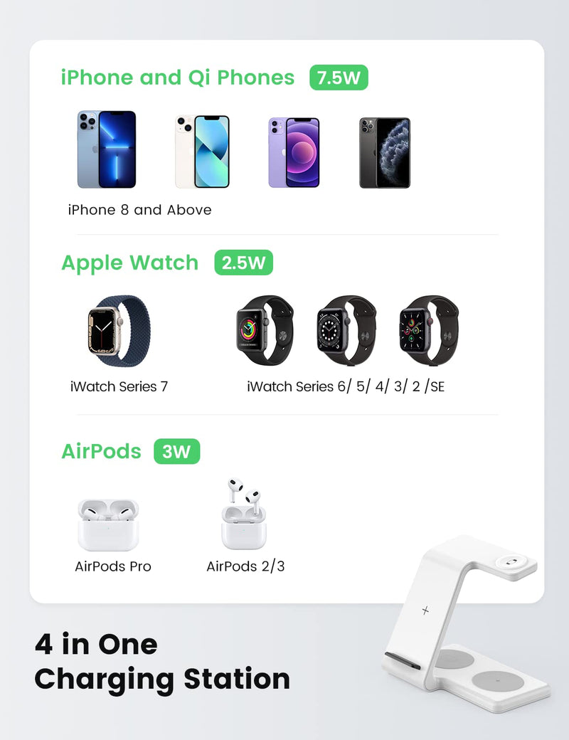 [Australia - AusPower] - Wireless Charging Station for Apple Devices, 4 in 1 Charger Stand for iPhone 13/12/11/X/8/SE Series, iWatch 7/6/SE/5/4/3/2, AirPods 3/Pro/2 White 