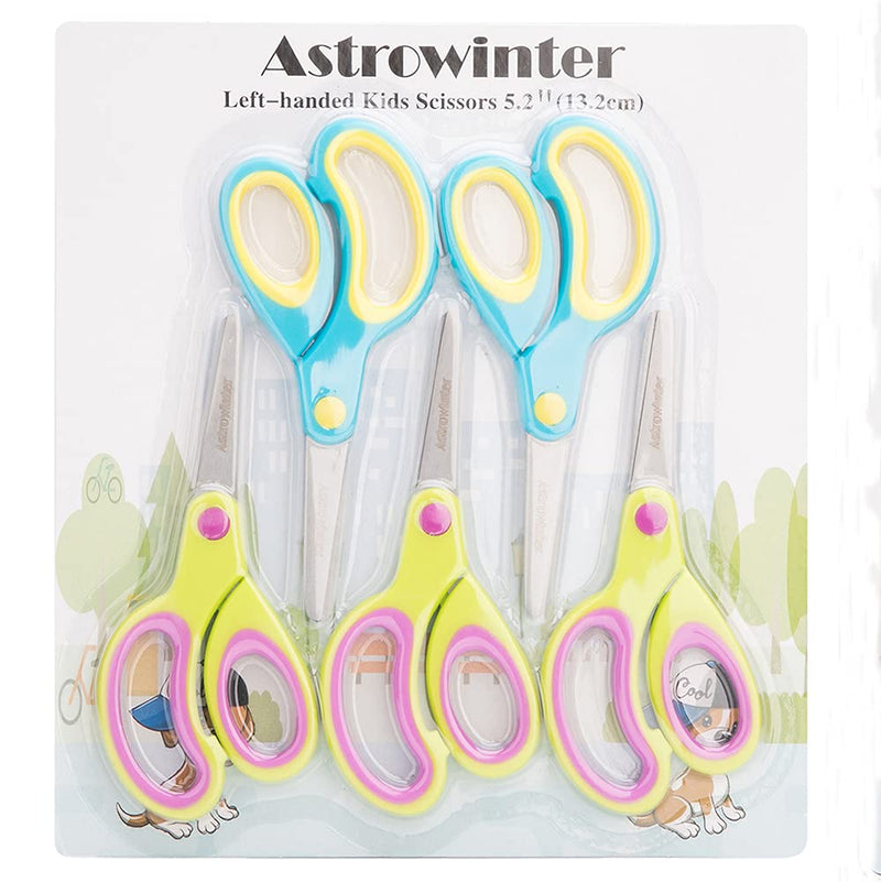 [Australia - AusPower] - Left-handed Kids Scissors by Astrowinter (Pack of 5, Rounded-tip, 5.2-Inch) - Lefty Soft Touch Blunt School Student Scissors Shears AW-004-C 