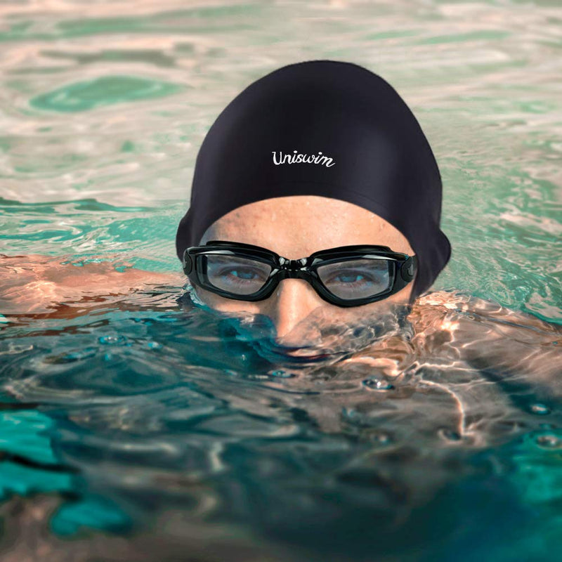[Australia - AusPower] - Uniswim Swimming Goggles Swimming Cap Set Swim Glasses Silicone Swim hat Pack for Adults with Anti Fog Glasses for Swimming Black 