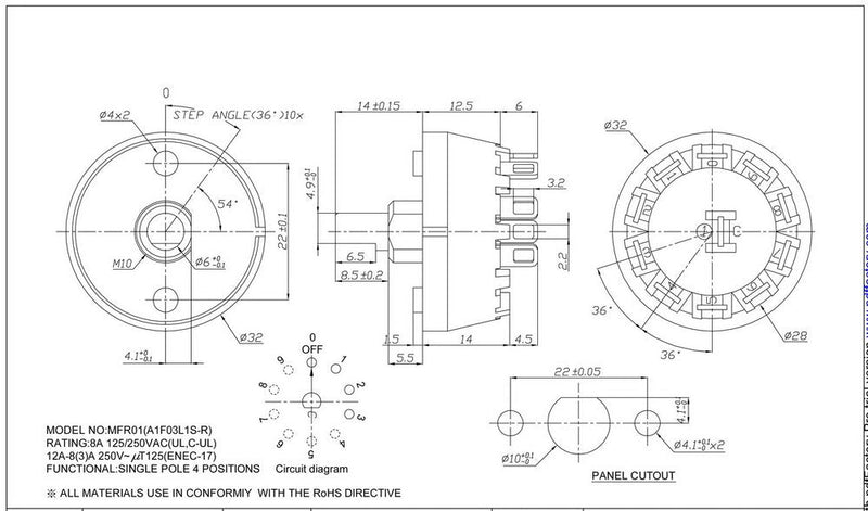 [Australia - AusPower] - Electronics-Salon 1PCS SP4T 8A/250V 1 Pole 4 Way Rotary Switch, with Knob. 