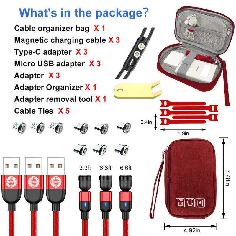 [Australia - AusPower] - EndlesShine Magnetic Fast Charging Cable(3Pack3.3/6.6/6.6FT&Cable Bag),Phone Charger Cable 3 in 1 Compatible with Micro USB、Type C 3A Fast Charging Data Sync USB Data Cable(Red) Red Nylon Braid 