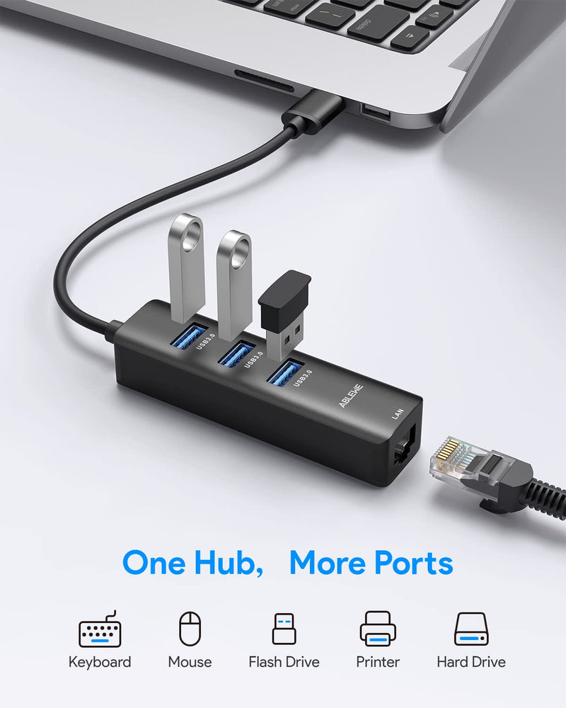 [Australia - AusPower] - USB to Ethernet Adapter, ABLEWE 3 Ports USB 3.0 Hub with RJ45 1Gbps Gigabit Ethernet Adapter, for MacBook Air 2017, iMac, XPS, Surface Pro, Linux, Chromebook, Notebook and More - Black 