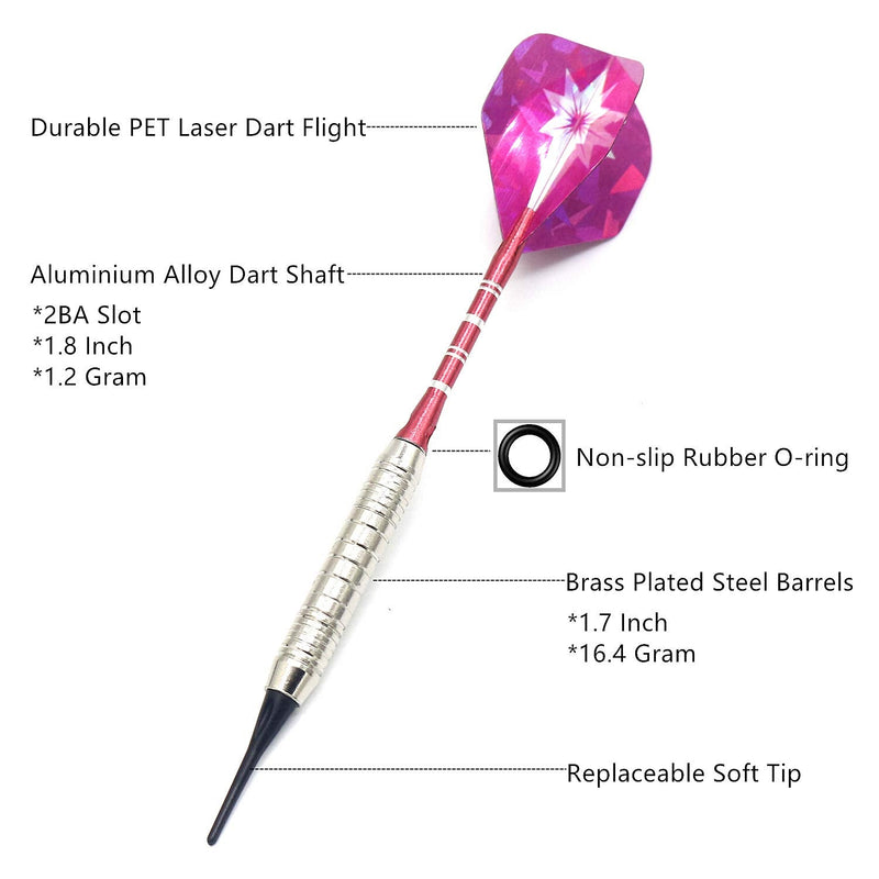 [Australia - AusPower] - ROOBEEO Soft Tip Darts Set for Electronic Dart Board 18/22g Plastic Tip Darts Set with Brass Barrels&Aluminum Shafts, 6 Flights 3 Spare Plastic Dart Shaft 20 Soft Tips Portable Case 18g-Silver&Pink 